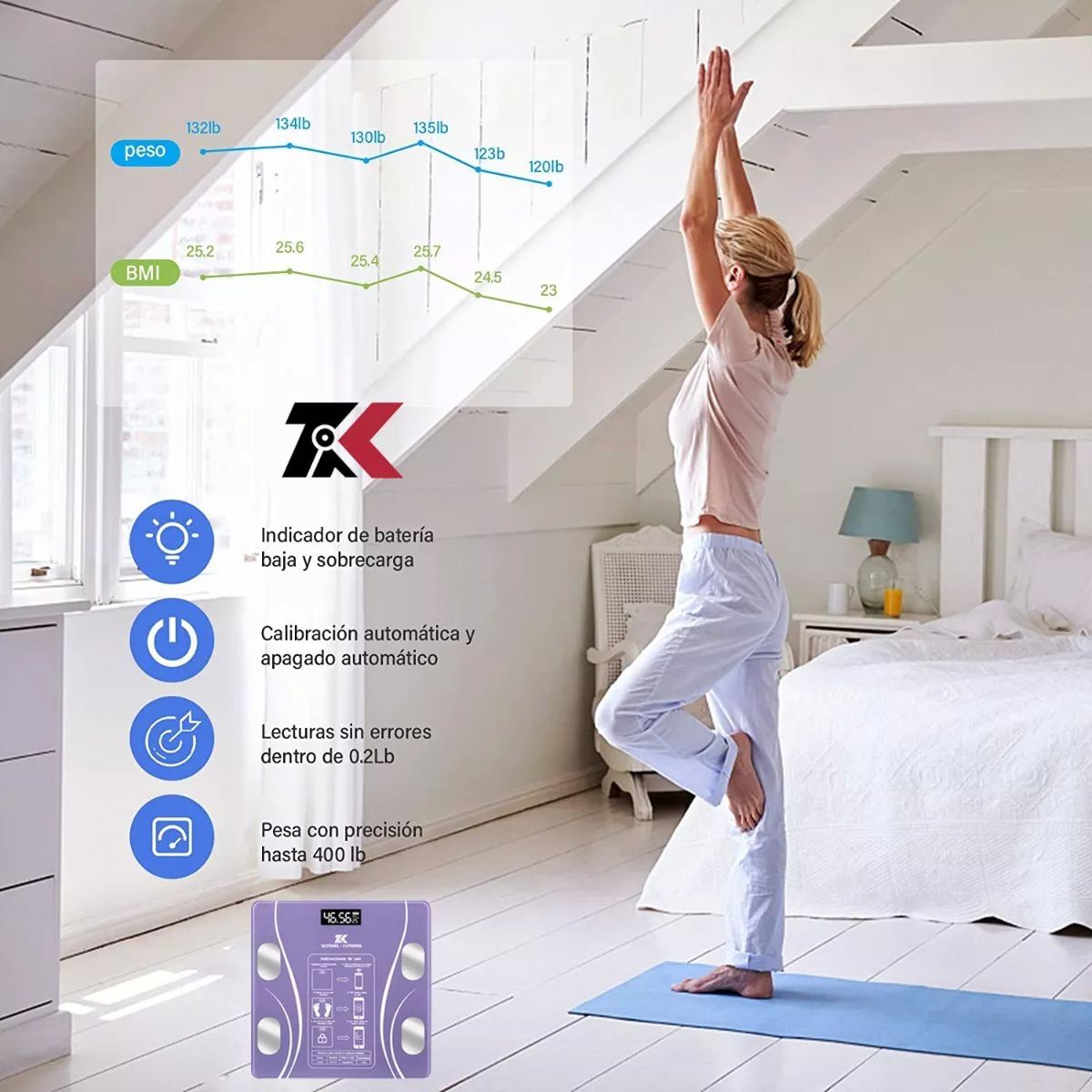 Báscula Electrónica Led con bluetooth con App para medir grasa corporal, peso, masa muscular, edad metabólica morada