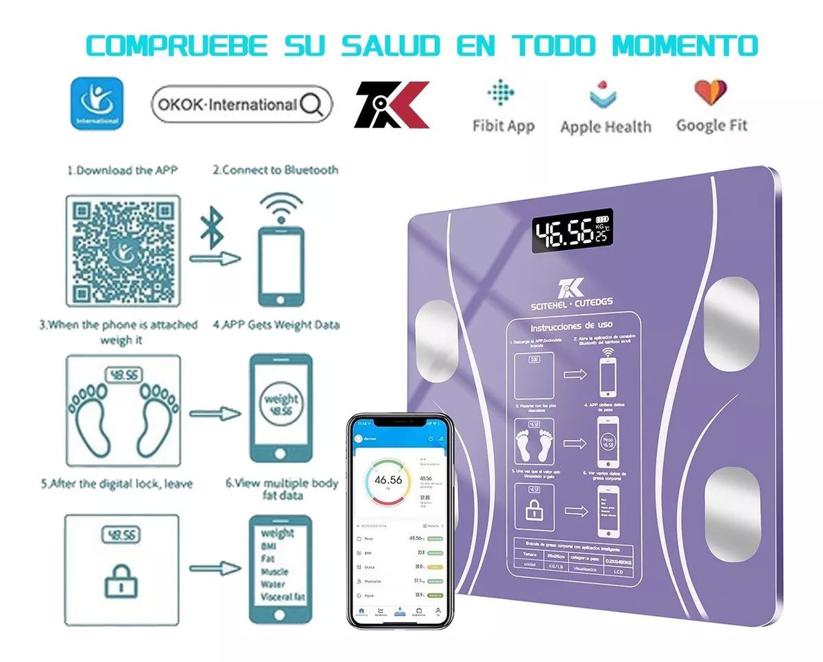 Báscula Electrónica Led con bluetooth con App para medir grasa corporal, peso, masa muscular, edad metabólica morada