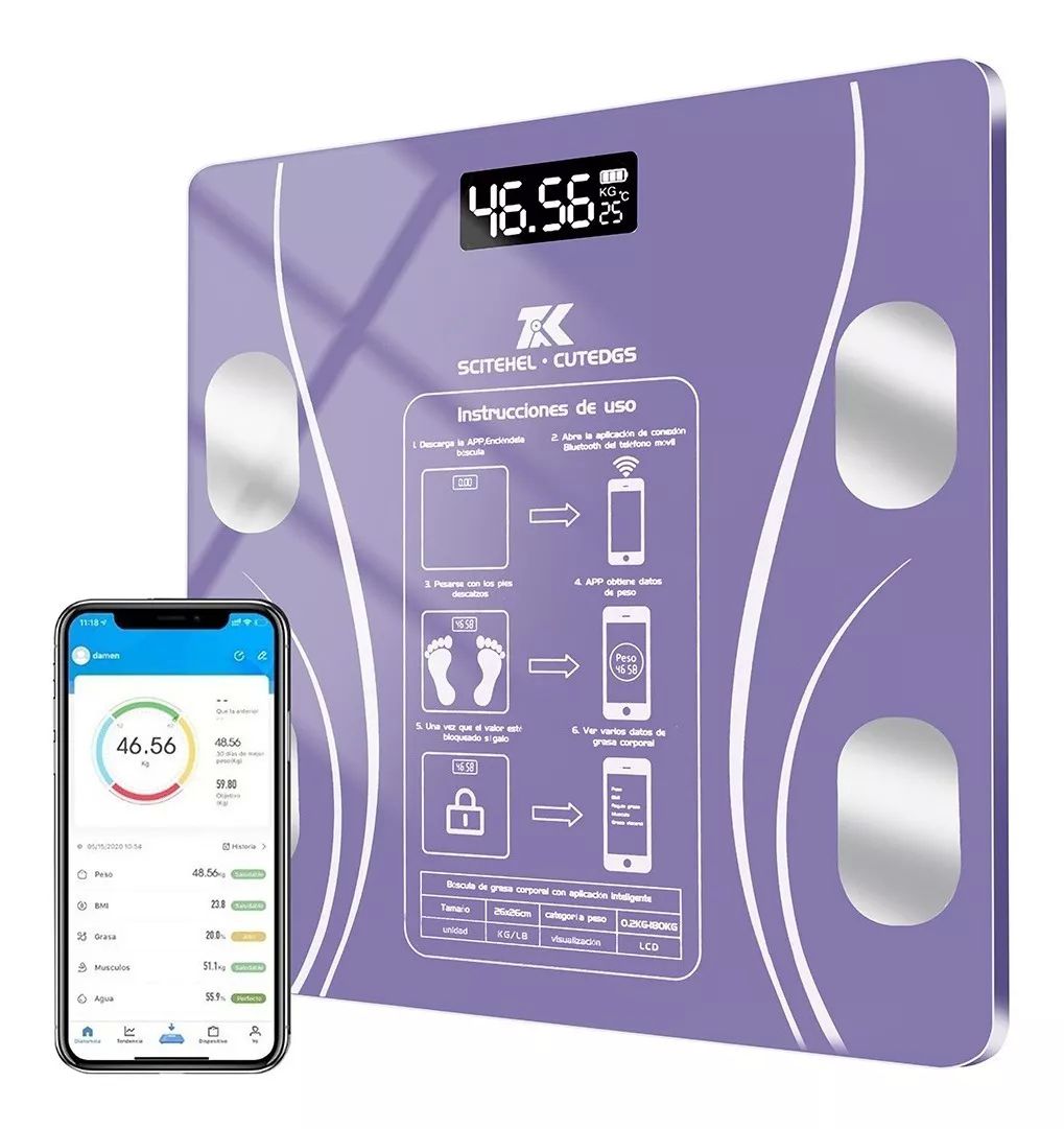 Báscula Electrónica Led con bluetooth con App para medir grasa corporal, peso, masa muscular, edad metabólica morada