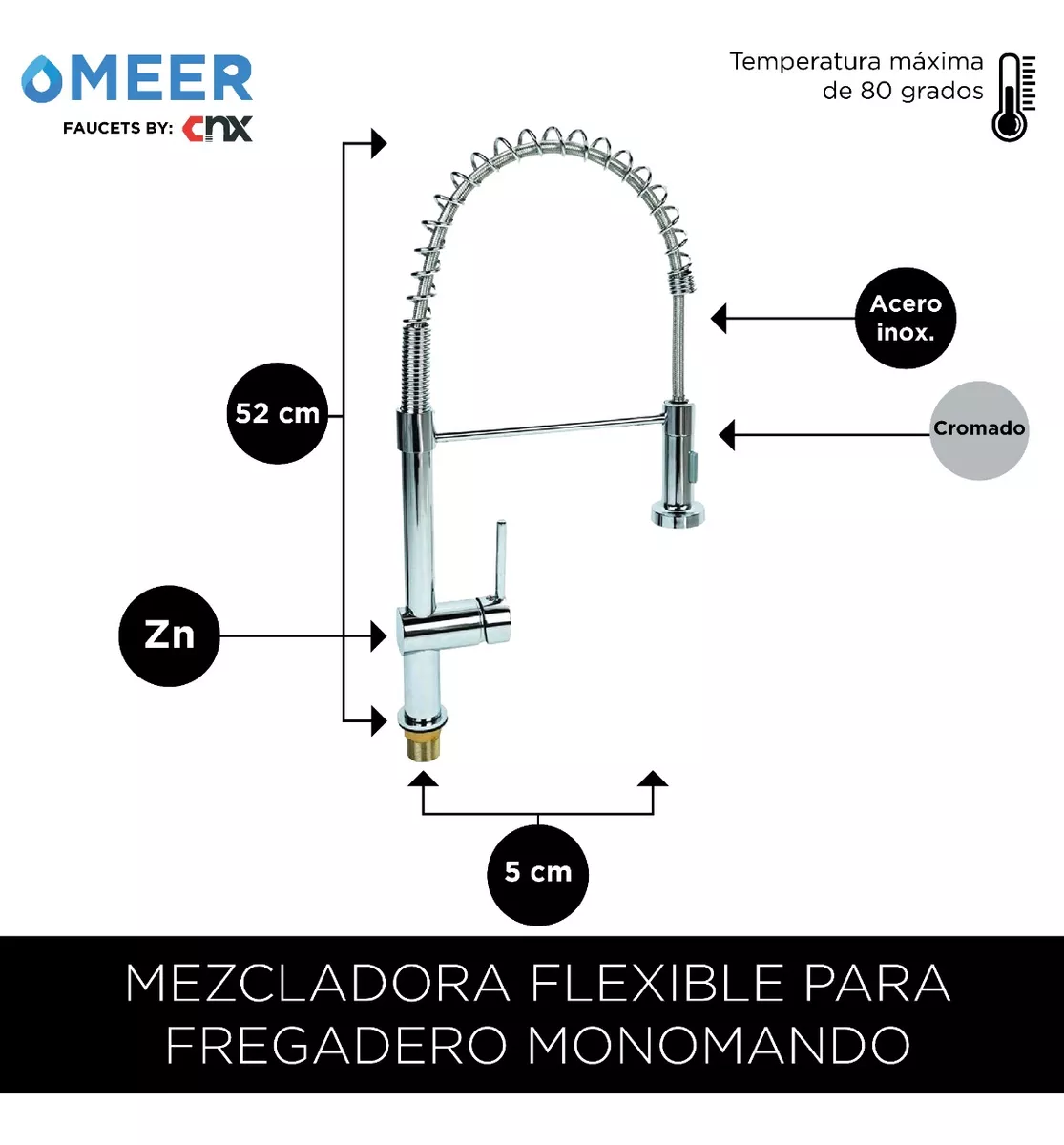 MEER Faucets by CNX | Tarja Sencilla con Escurridor en Acero Inoxidable para Cocina con Escurridor Derecho incluye Mezcladora Flexible con Dos Tipos de Chorro y Kit de Instalación