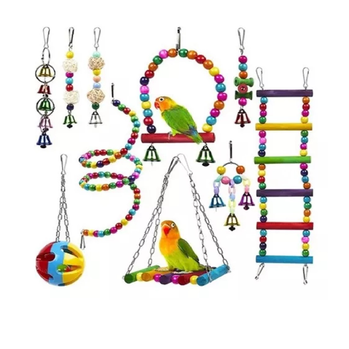 Set Juguetes Para Loros Y Aves Con Escalera Y Campana, 10 Pzs.