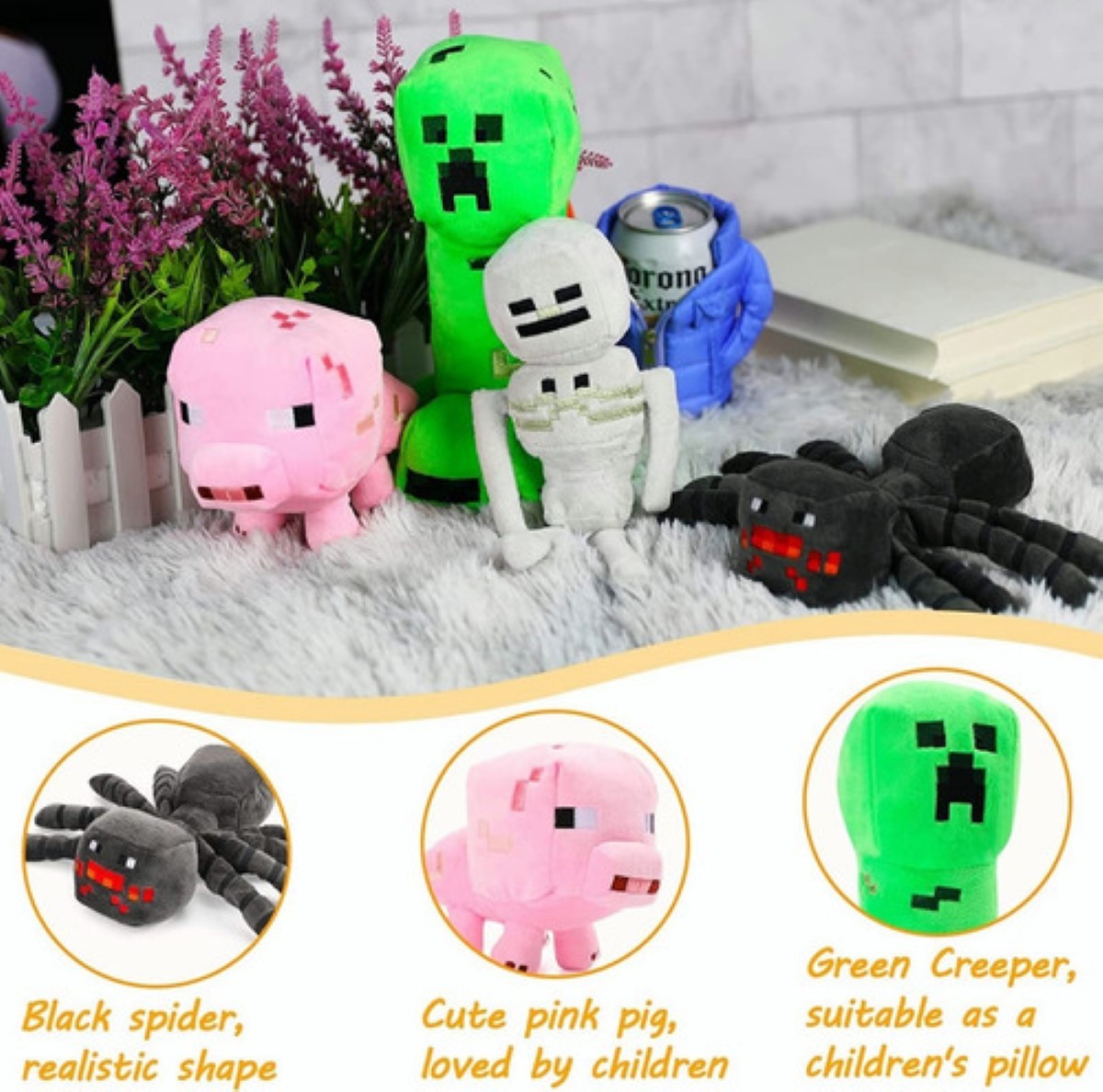 Juguetes Minecraft, Peluche Para Niños 20cm 4pz Rosa Chicle 