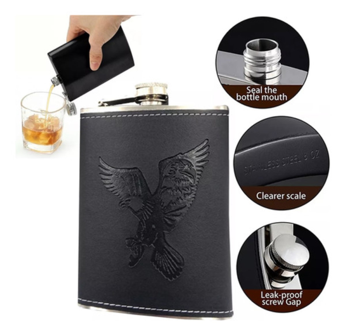 Licorera Y Ánfora De Bolsillo De 8 Onzas Negro Dibujo Aguila Aguila Negra