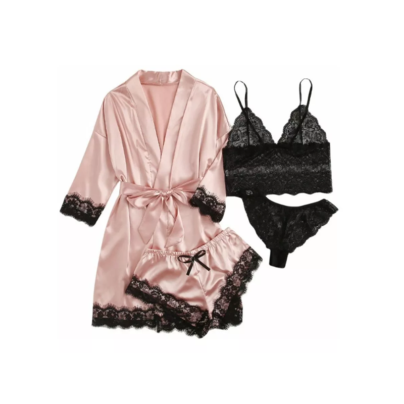 Pijama Seda Cordón Mujer Cómodo Batas Top Conjunto 4 Piezas