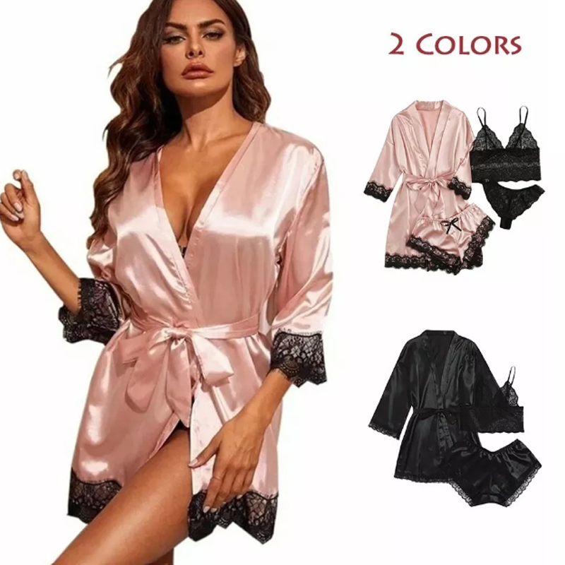 Pijama Seda Cordón Mujer Cómodo Batas Top Conjunto 4 Piezas