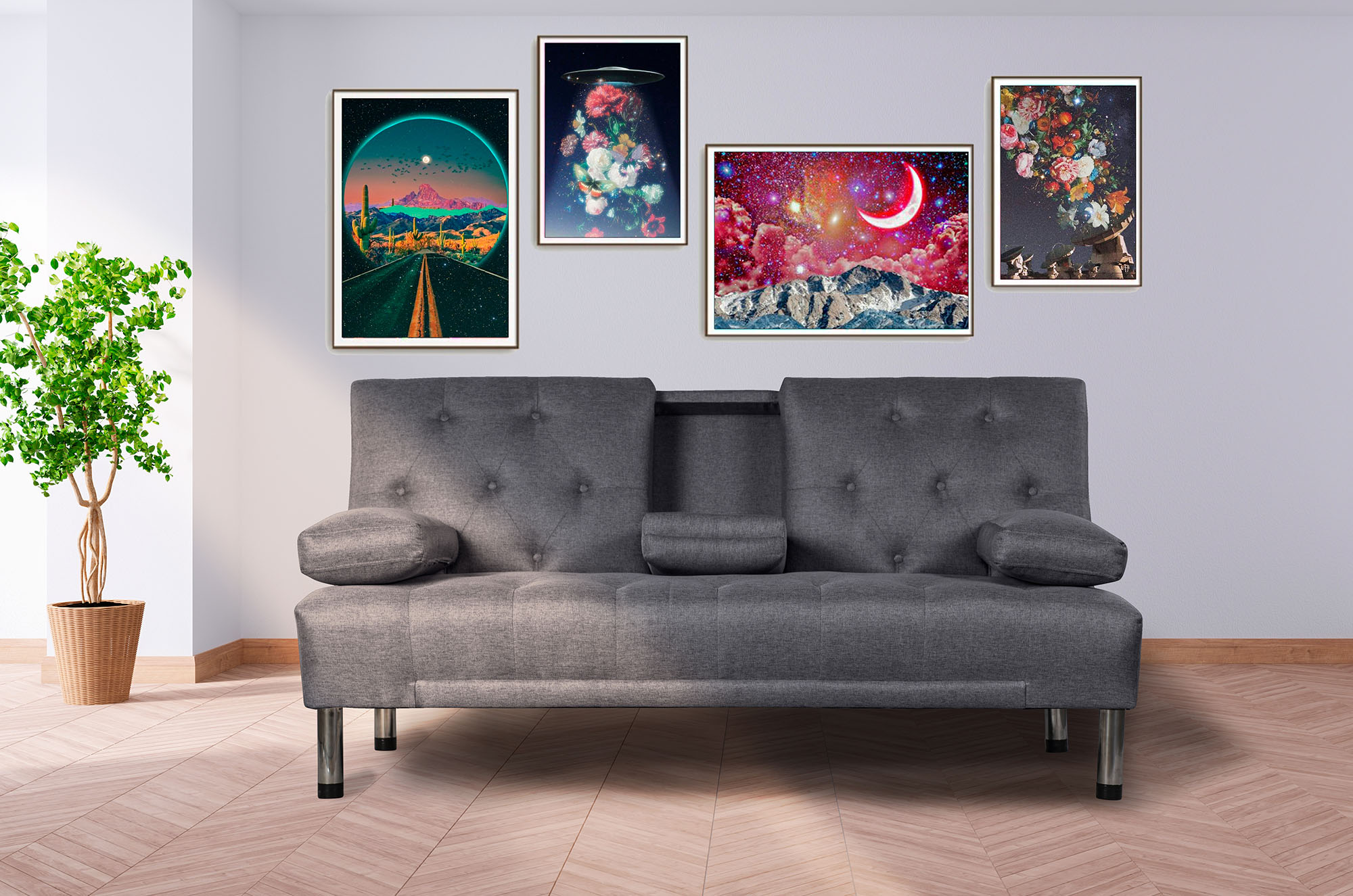 Caroli Sofá Cama Gris Oxford Sofantastico Con Portavasos