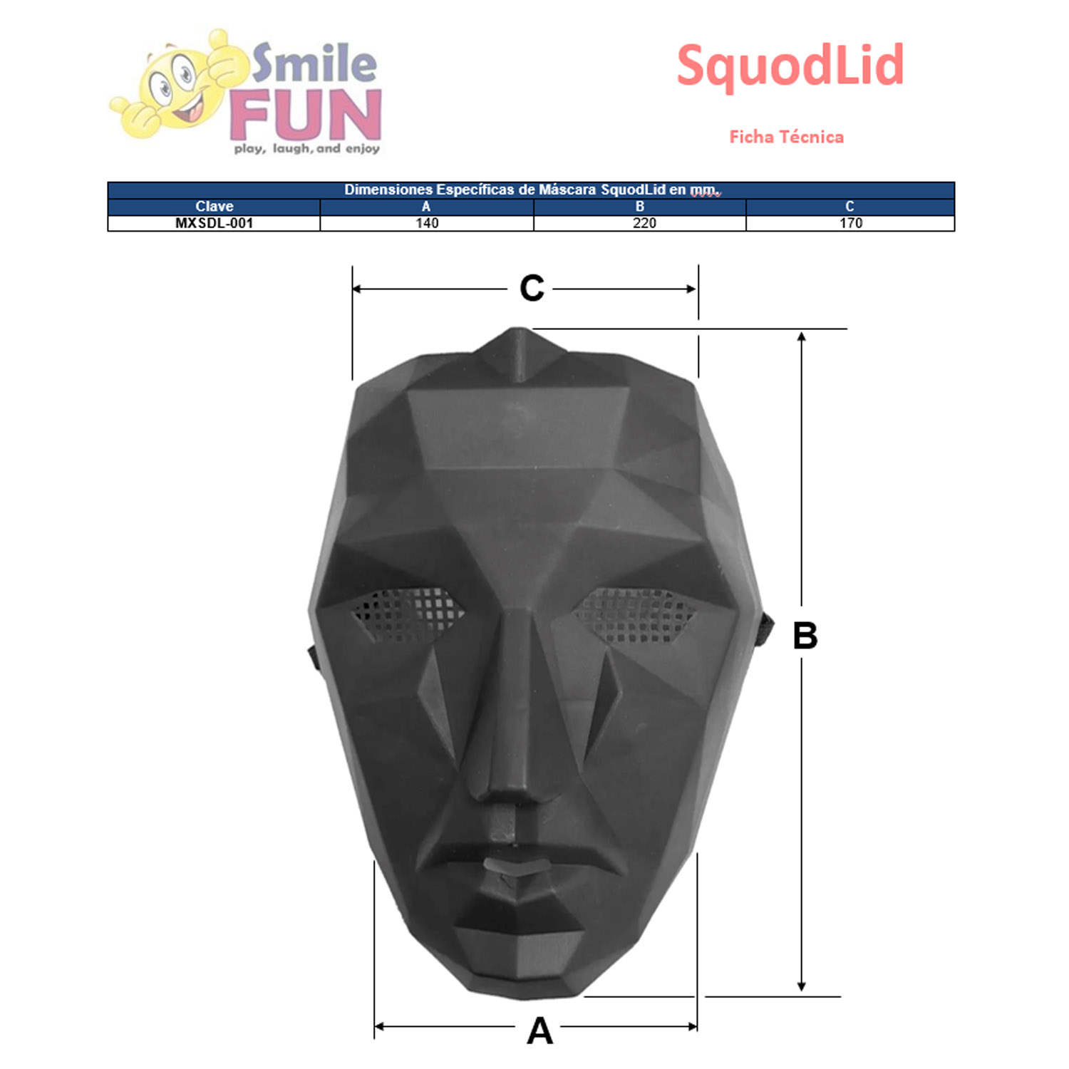 Disfraz para Halloween Caretas MXSDL-001-11 Negro Mate 30x15x5Plástico y látex Mascara Cráneo, SquodLid