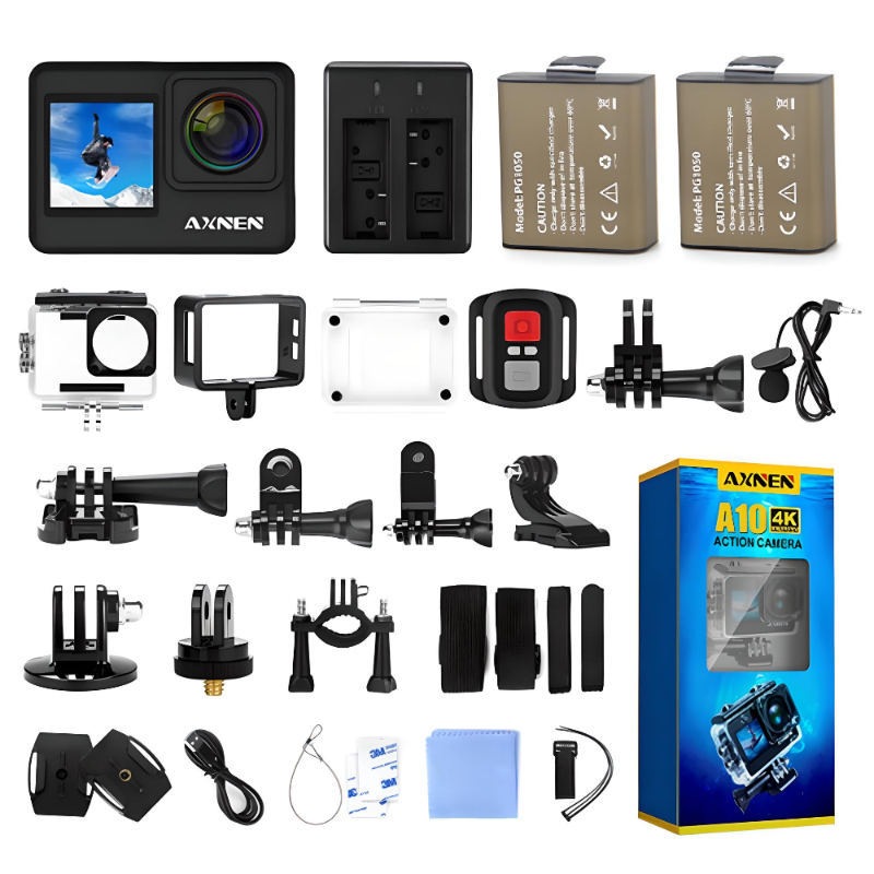 Cámara De Acción Deportiva Axnen A10 4K 20Mp Con Micrófono Externo y 2 Baterías