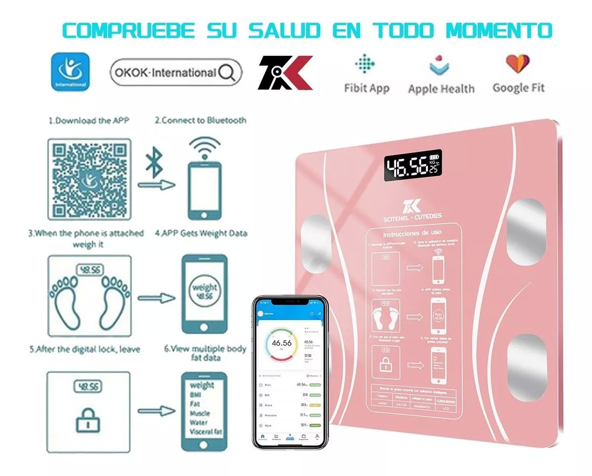 Báscula Electrónica Led con bluetooth con App para medir grasa corporal, peso, masa muscular, edad metabólica rosa