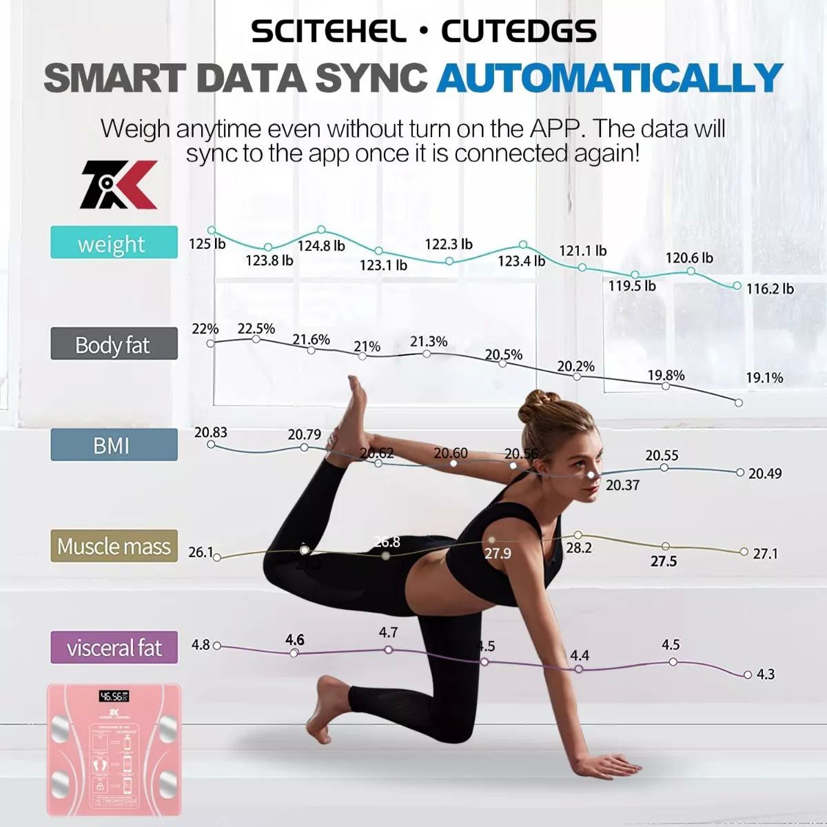 Báscula Electrónica Led con bluetooth con App para medir grasa corporal, peso, masa muscular, edad metabólica rosa