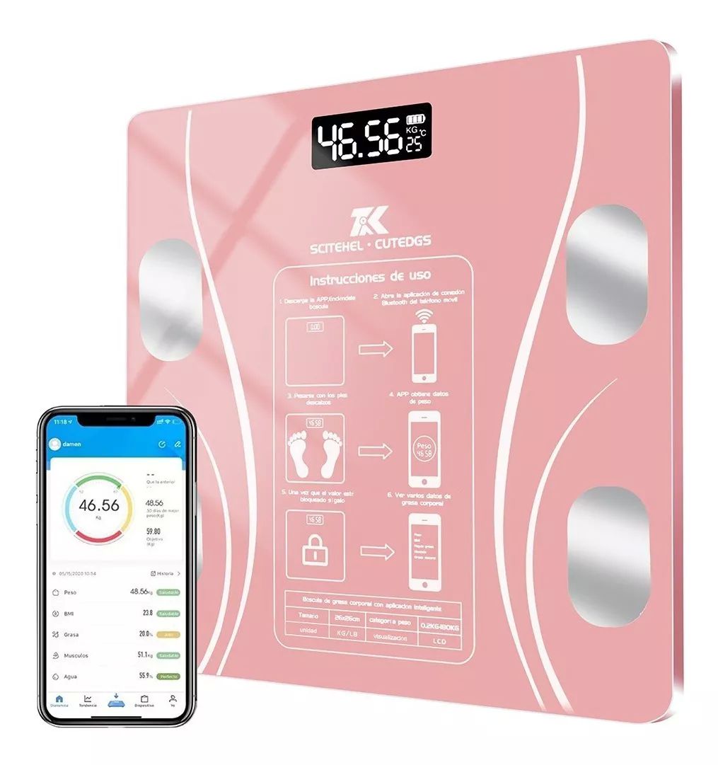 Báscula Electrónica Led con bluetooth con App para medir grasa corporal, peso, masa muscular, edad metabólica rosa