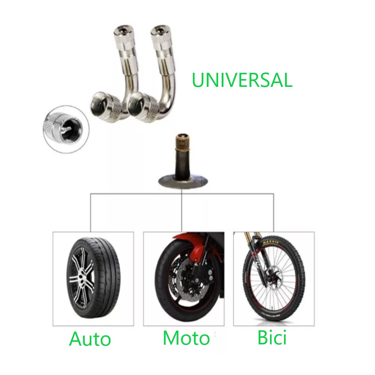 Adaptador válvula curvada ángulo cámara aire llanta extensión neumático auto moto bici 90 plata.