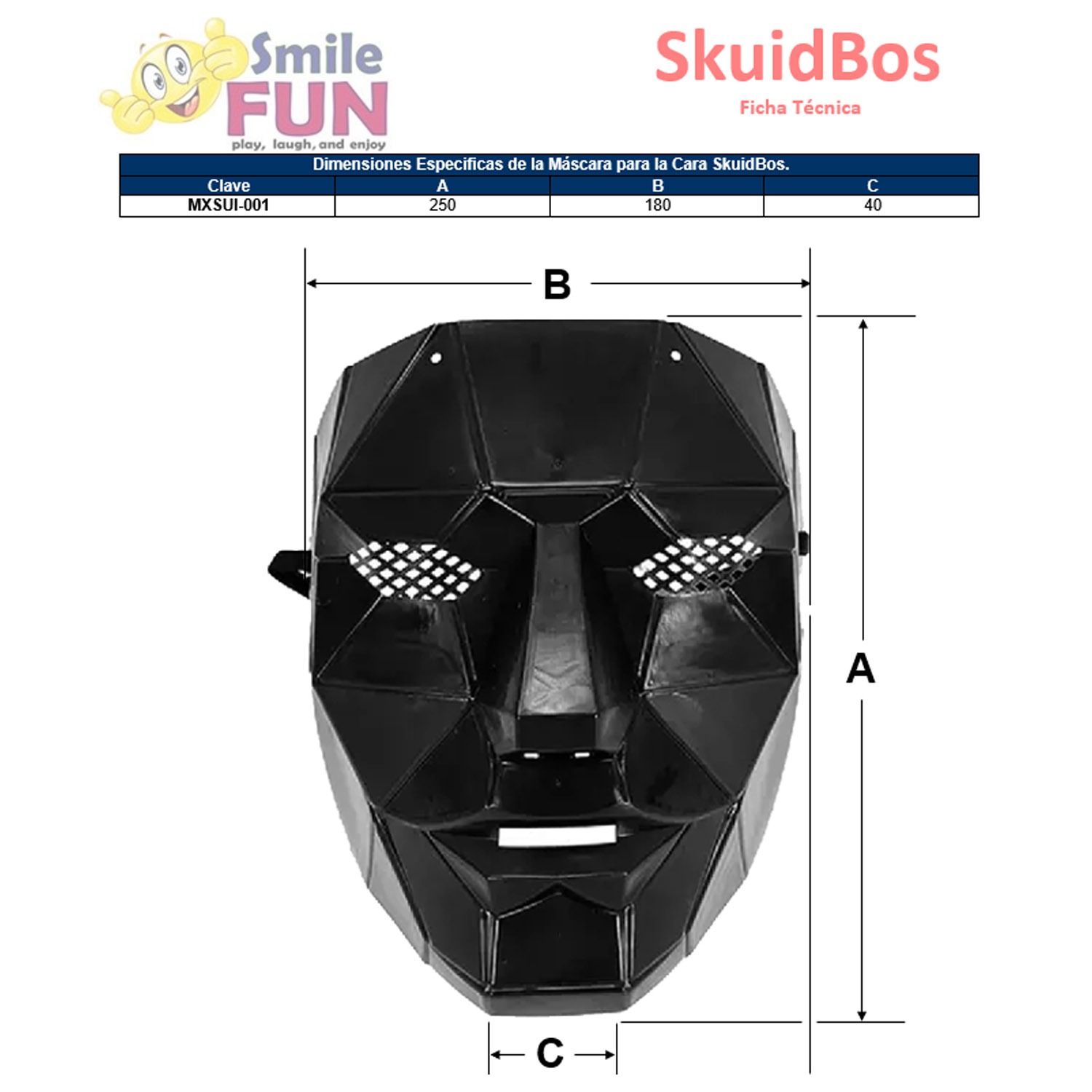 Día de Muertos Disfraz Caretas MXSUI-005-6 5 pzas, 25x18x4cm Plástico PVC Máscara Negra, SkuidBos