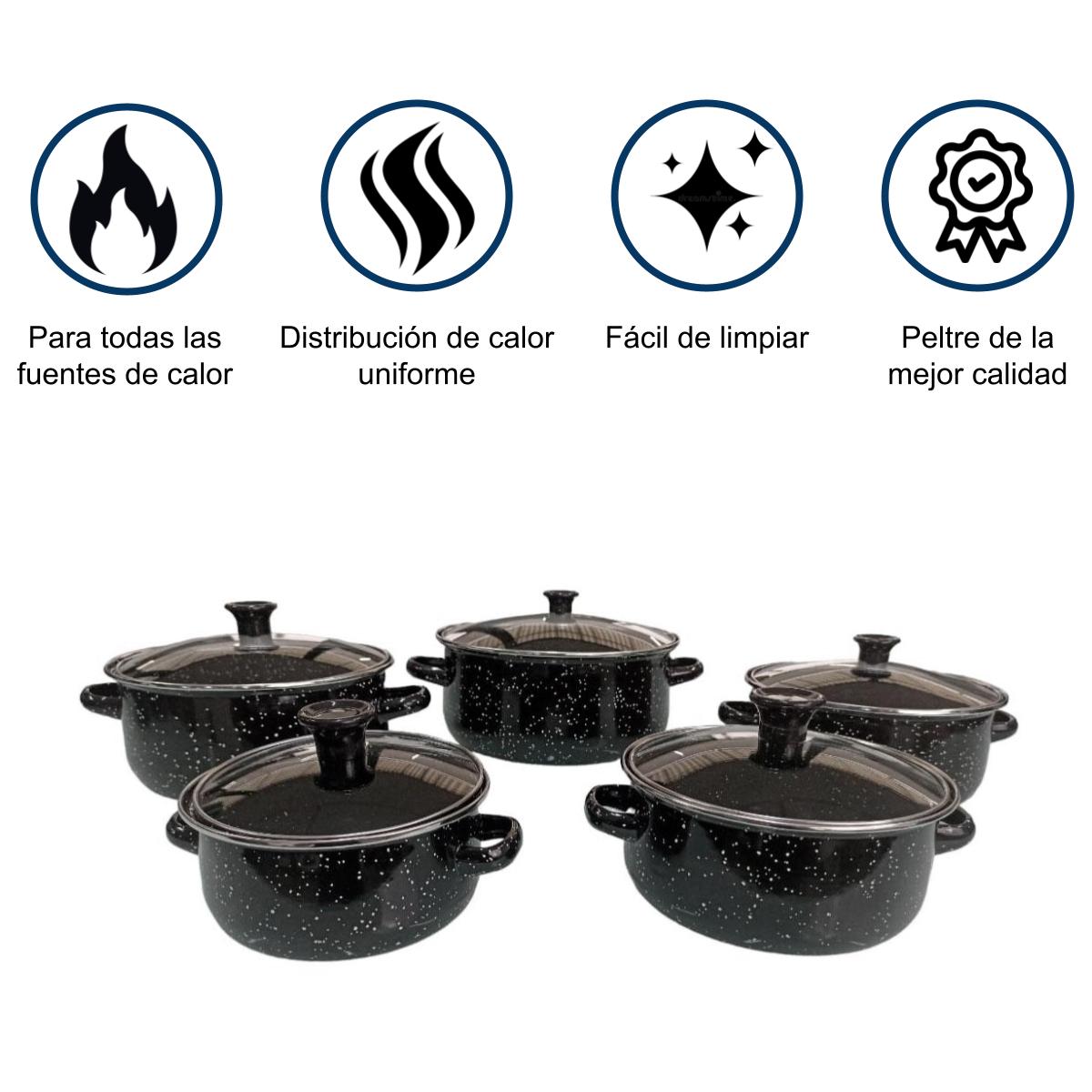 Juego de ollas con tapa de Peltre 10 pz International Negra Shorbull