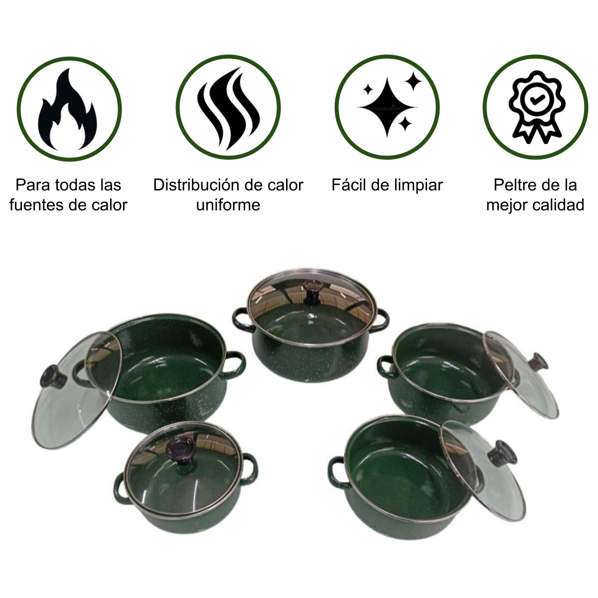 Juego de ollas con tapa de Peltre 10 pz International Verde Shorbull