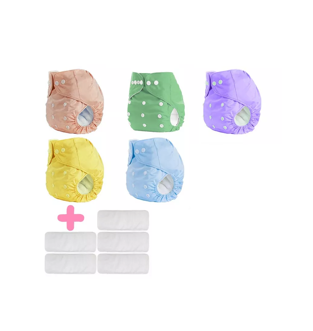 Pañales Ecologicos Paquete 5 Reutilizable + 5 Insertos Cafe-verde-morado-amarillo-azul colores pasteles