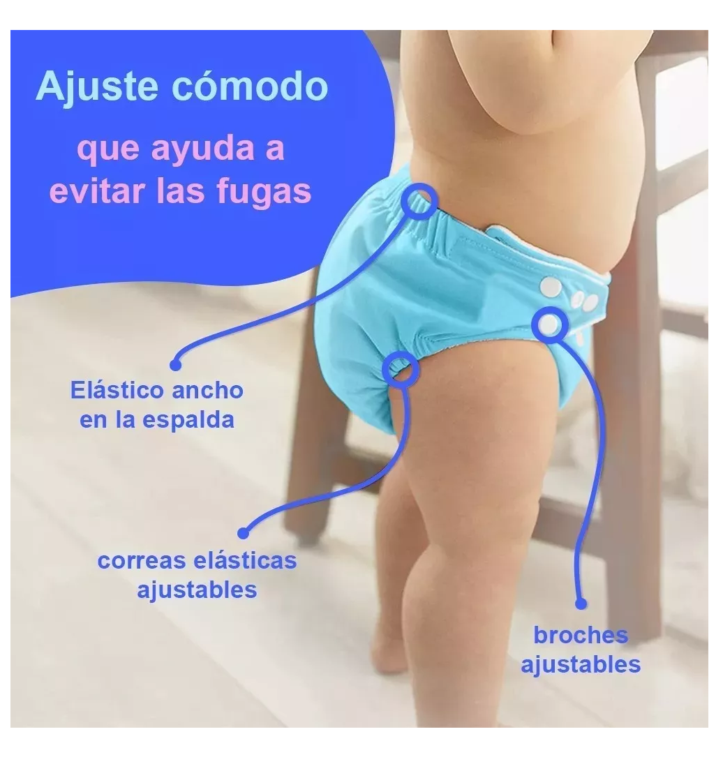 Pañales Ecologicos Paquete 5 Reutilizable + 5 Insertos Cafe-verde-morado-amarillo-azul colores pasteles