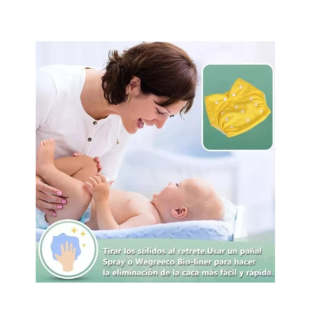 Pañales Ecologicos Paquete 5 Reutilizable + 5 Insertos Cafe-verde-morado-amarillo-azul colores pasteles