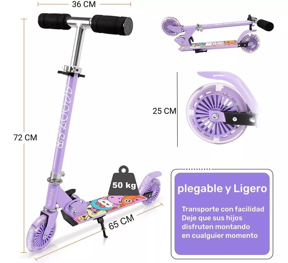 Monopatín De Pie Scooter Plegable Con Luces Para Niños Morado