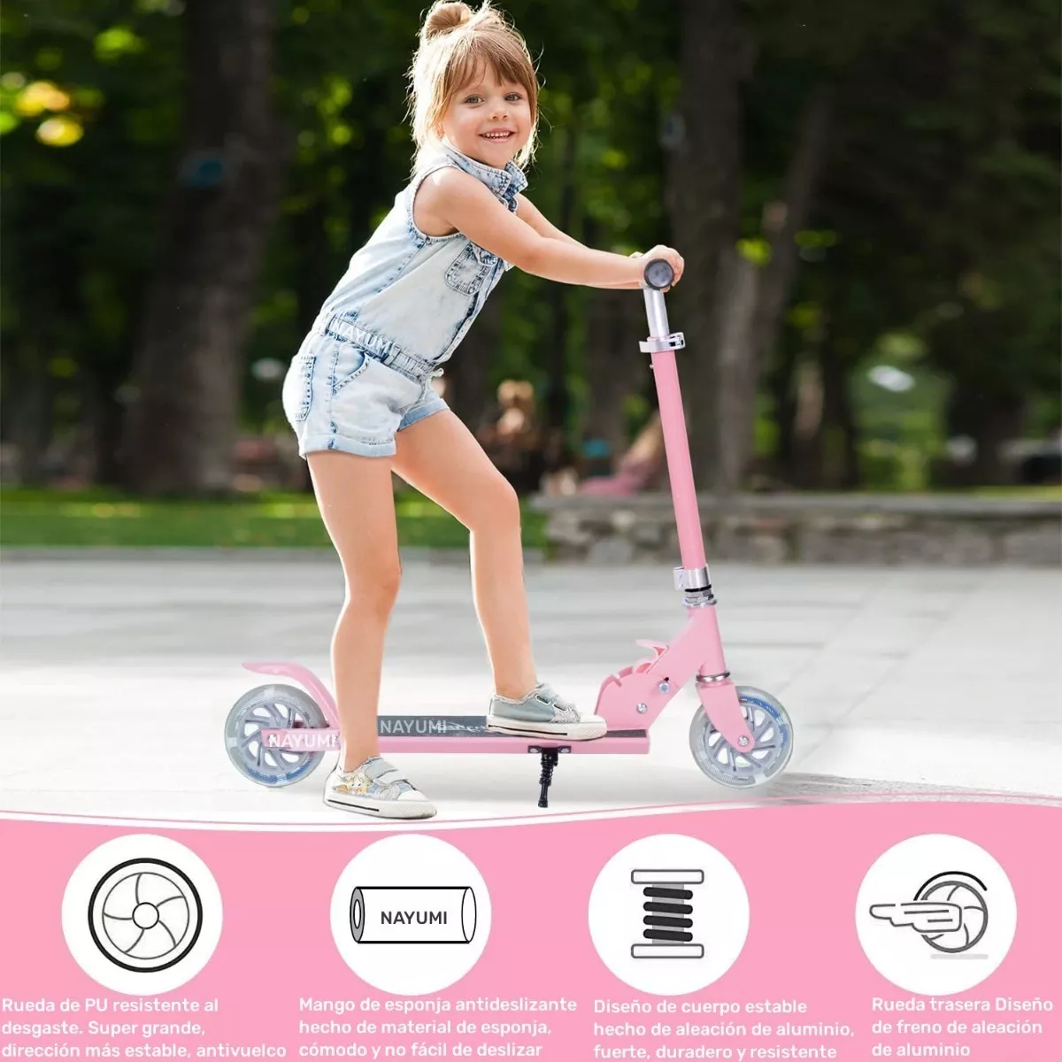 Monopatín Plegable Con Luces Para Niñas Rosa