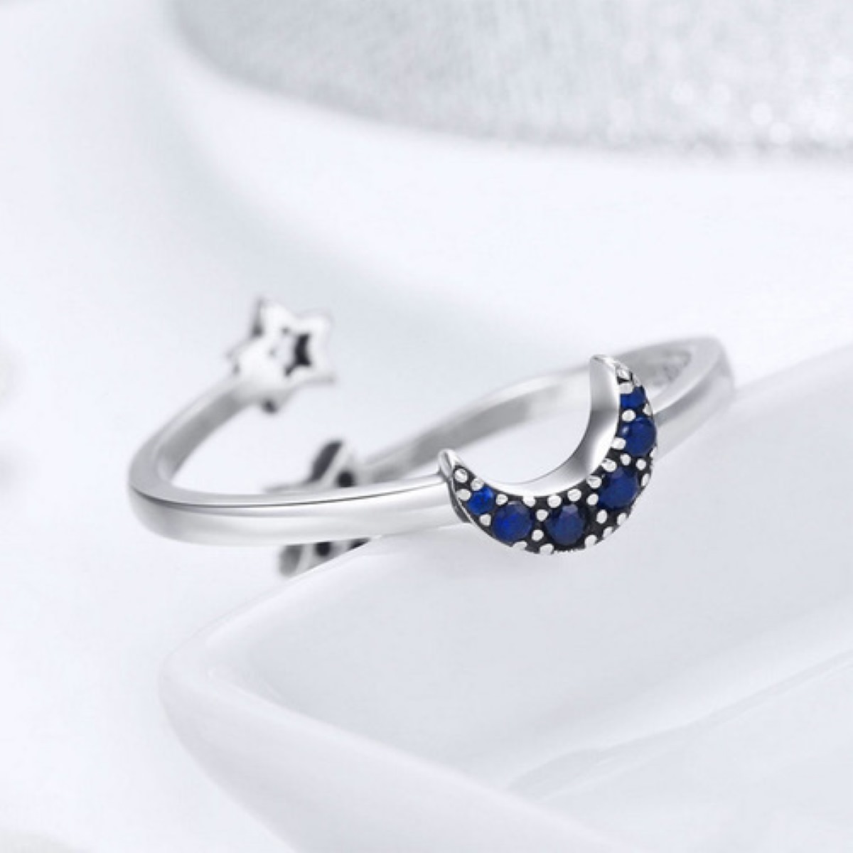 Anillo Plata 925 Brillante Estrella Luna Azul Marino