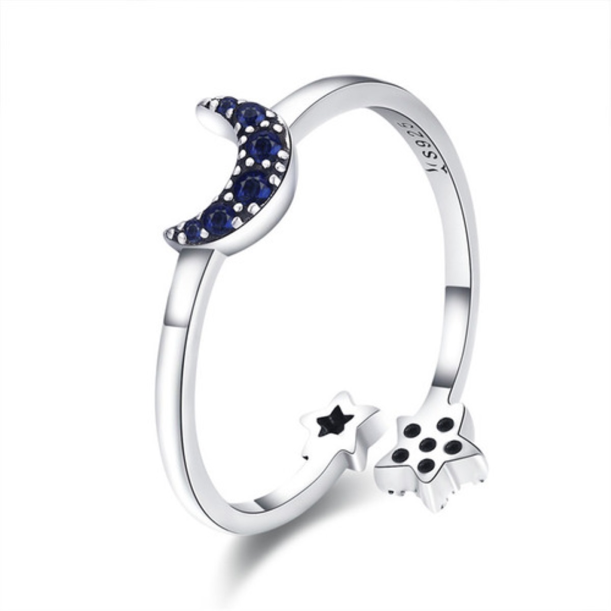 Anillo Plata 925 Brillante Estrella Luna Azul Marino