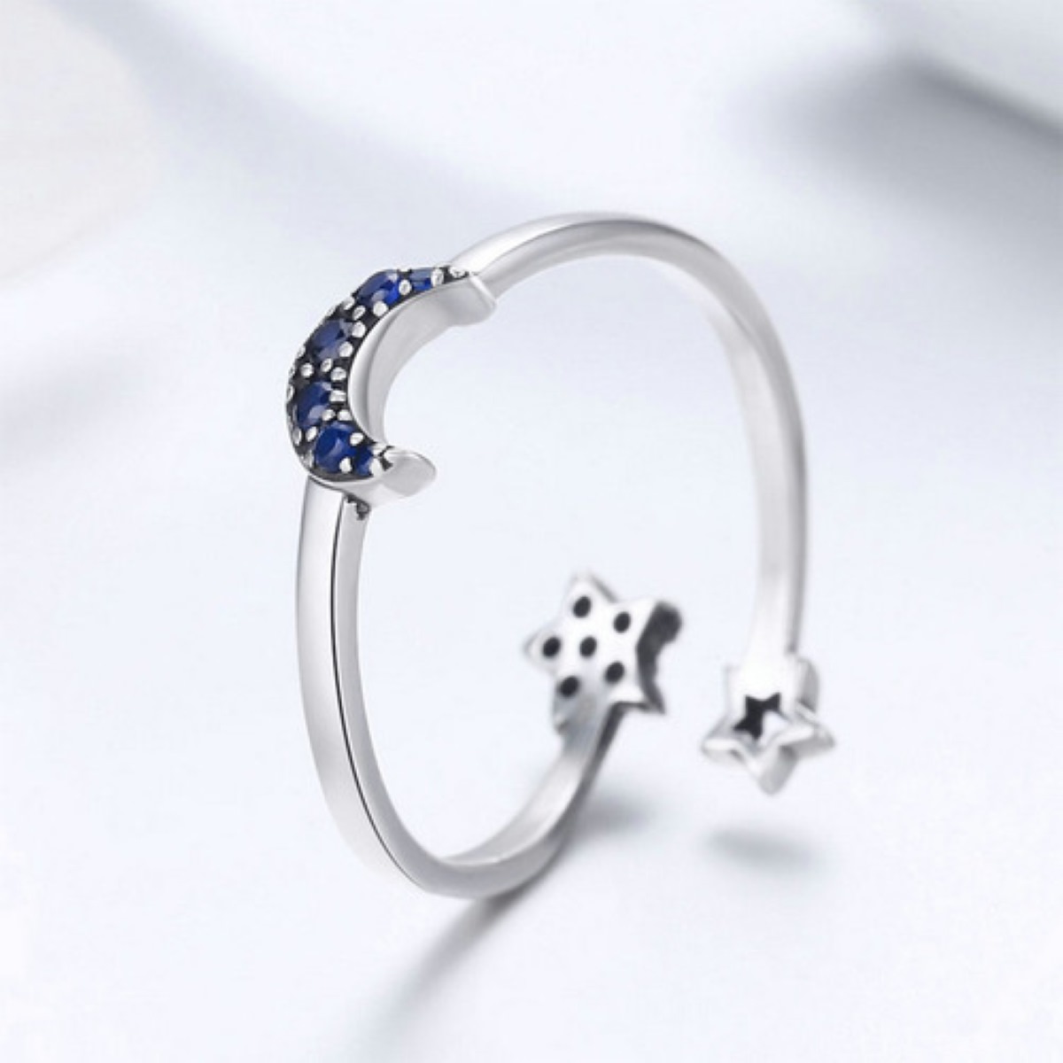 Anillo Plata 925 Brillante Estrella Luna Azul Marino