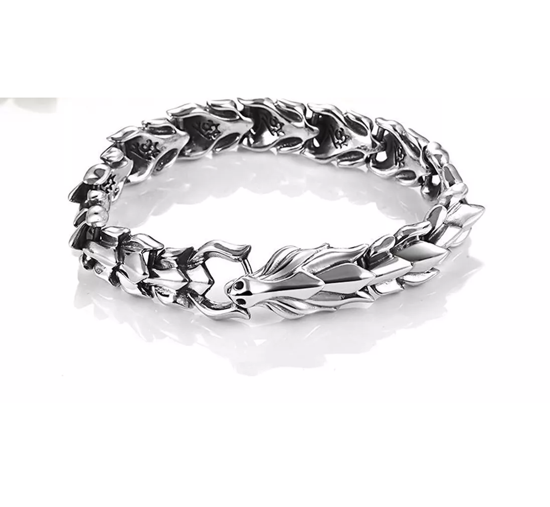 Pulsera De Hombre Cabeza De Dragón Con Nórdico Plata 22cm 