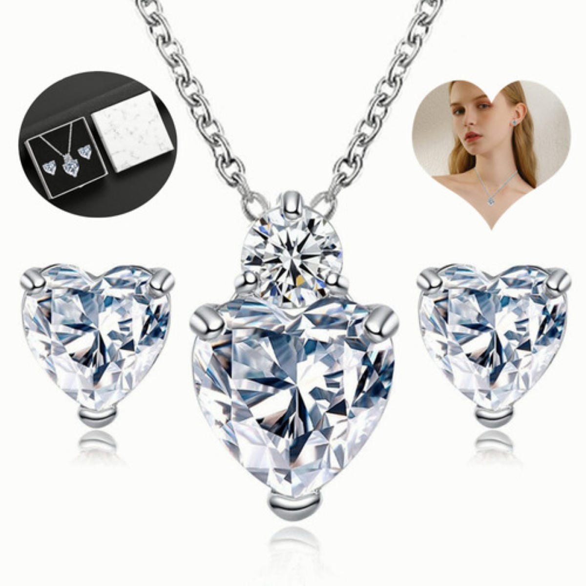 Juego De Collar Y Aretes Mujer Plata 925 Con Zirconia+caja Plata  Corazon