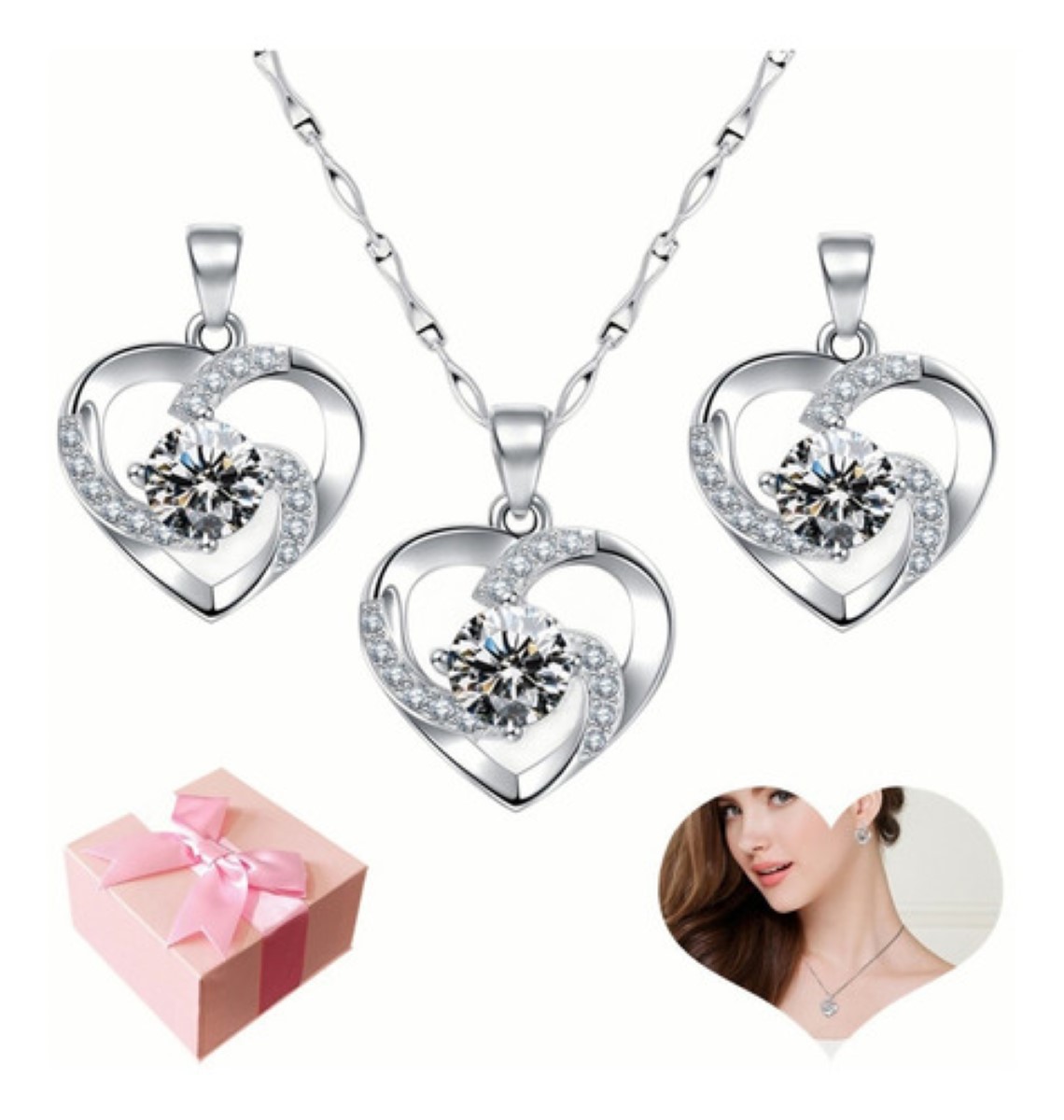 Set Collar Y Aretes Corazon Plata 925 Con Zircón Para Mujer 3pz Plata 