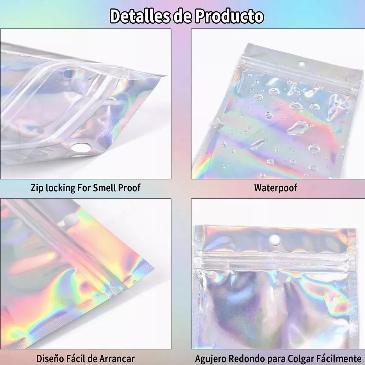 100 Bolsas Holográficas A Prueba De Olores Con Cierre PLATA 
