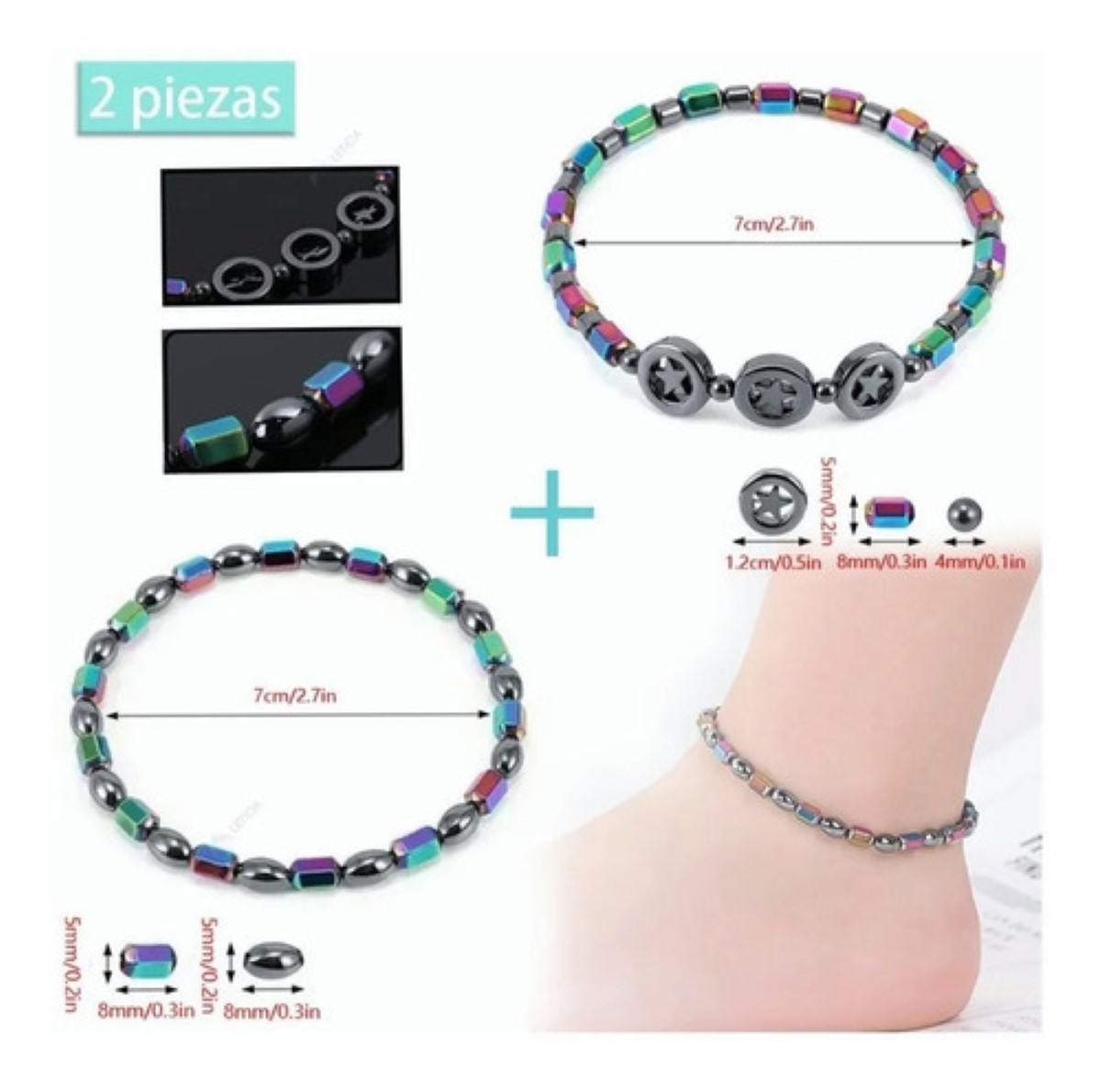 2pcs Tobillera Pulsera Deterapia Magnética 7cm Negro/Colores