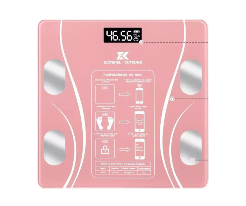 Báscula Electrónica Led con bluetooth con App para medir grasa corporal, peso, masa muscular, edad metabólica rosa