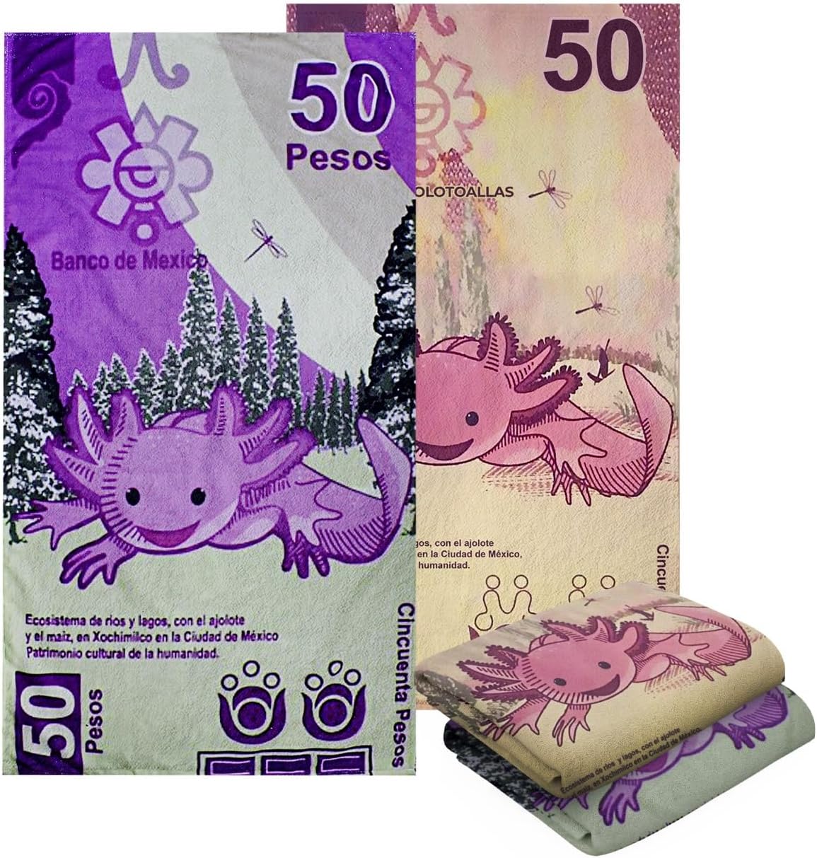 Set 2 Toallas De Baño Diseño Billete Mexicano Ajolote Microfibra de Poliéster