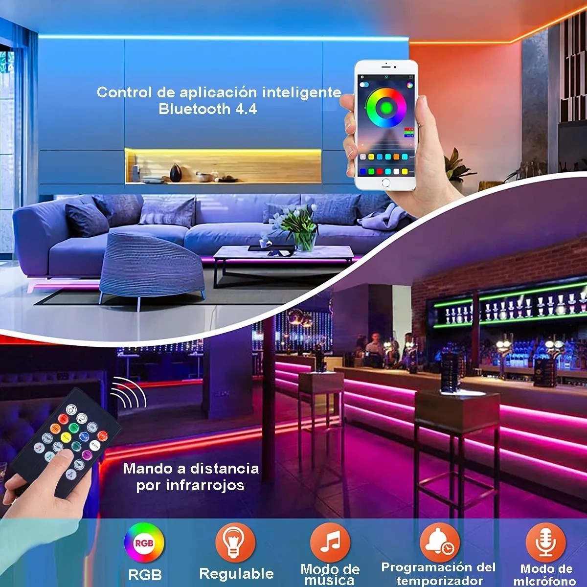 Tira Led Multicolor Neón Audiorítmica Control y APP Bluetooh 5mts Rgb