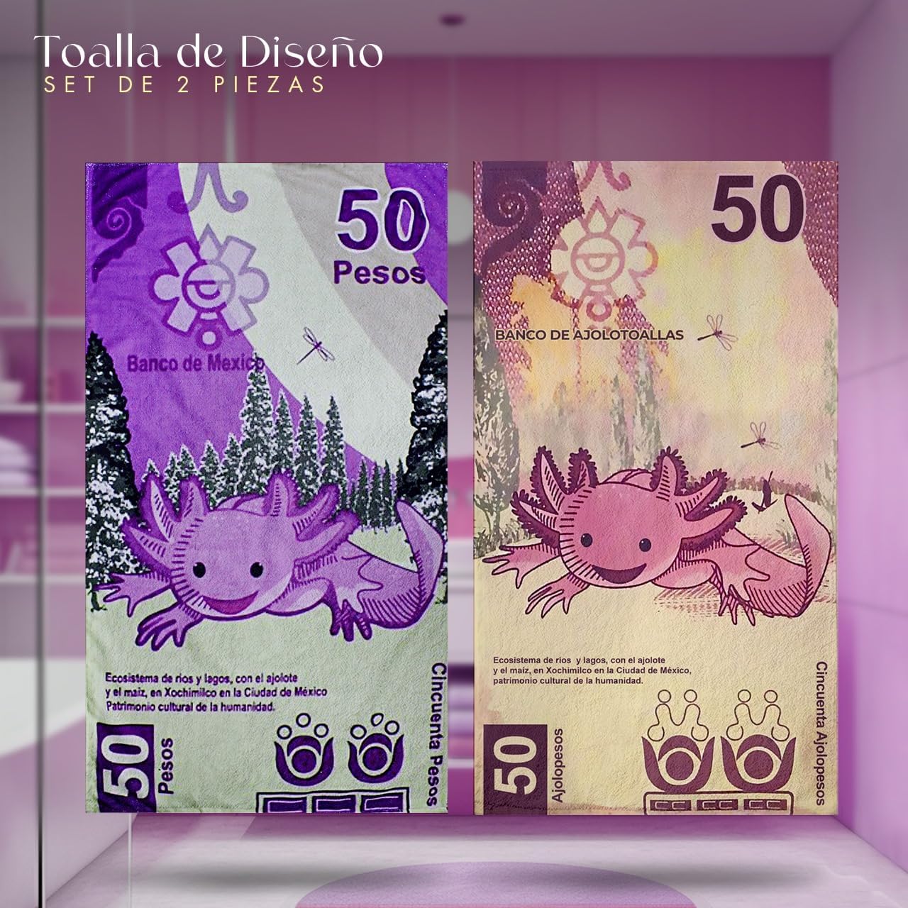 Set 2 Toallas De Baño Diseño Billete Mexicano Ajolote Microfibra de Poliéster