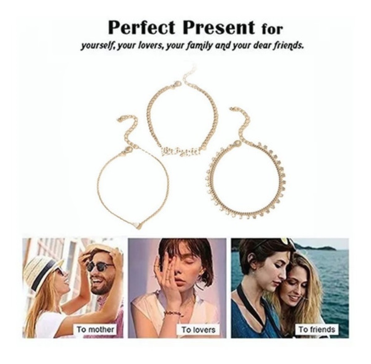 3pcs Pulsera Para Tobillo Mujer De Corazones Letras Estrella Dorado