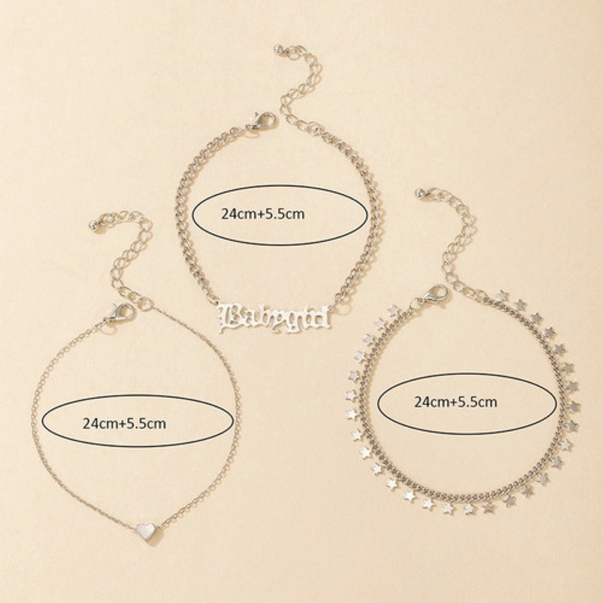 3pcs Pulsera Para Tobillo Mujer De Corazones Letras Estrella Dorado