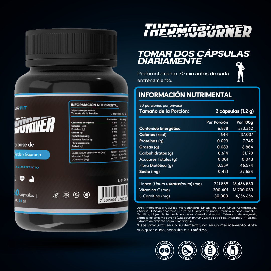 Suplemento En Cápsulas Flairfit Thermoburner, Formulación Premium L- Carnitina, Té Verde , Guaraná, Vitaminas , Linaza , Pimienta Negra En Pote 60 Cápsulas