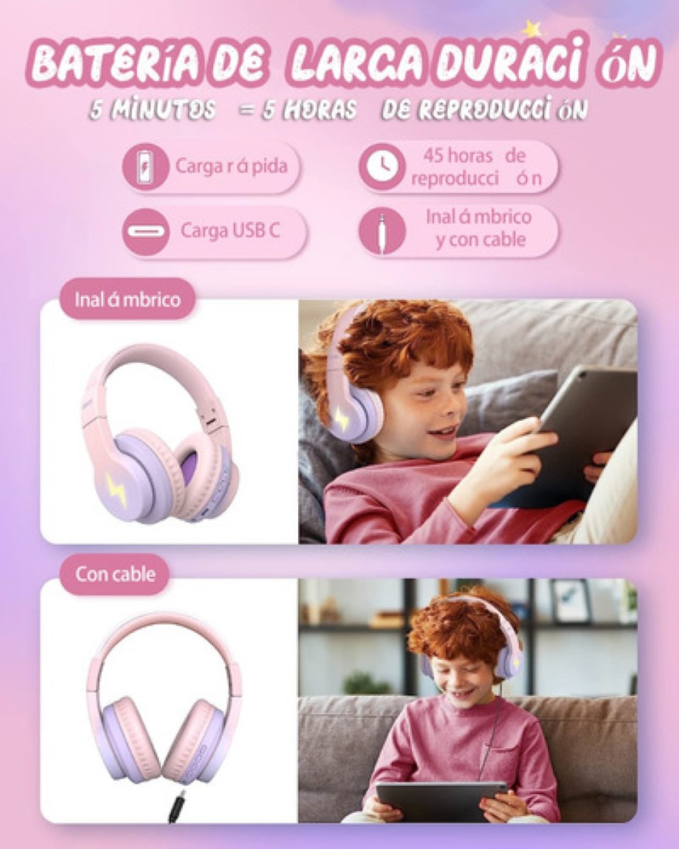 Auriculares Bluetooth Diadema Inalámbricos 45h Para Niños