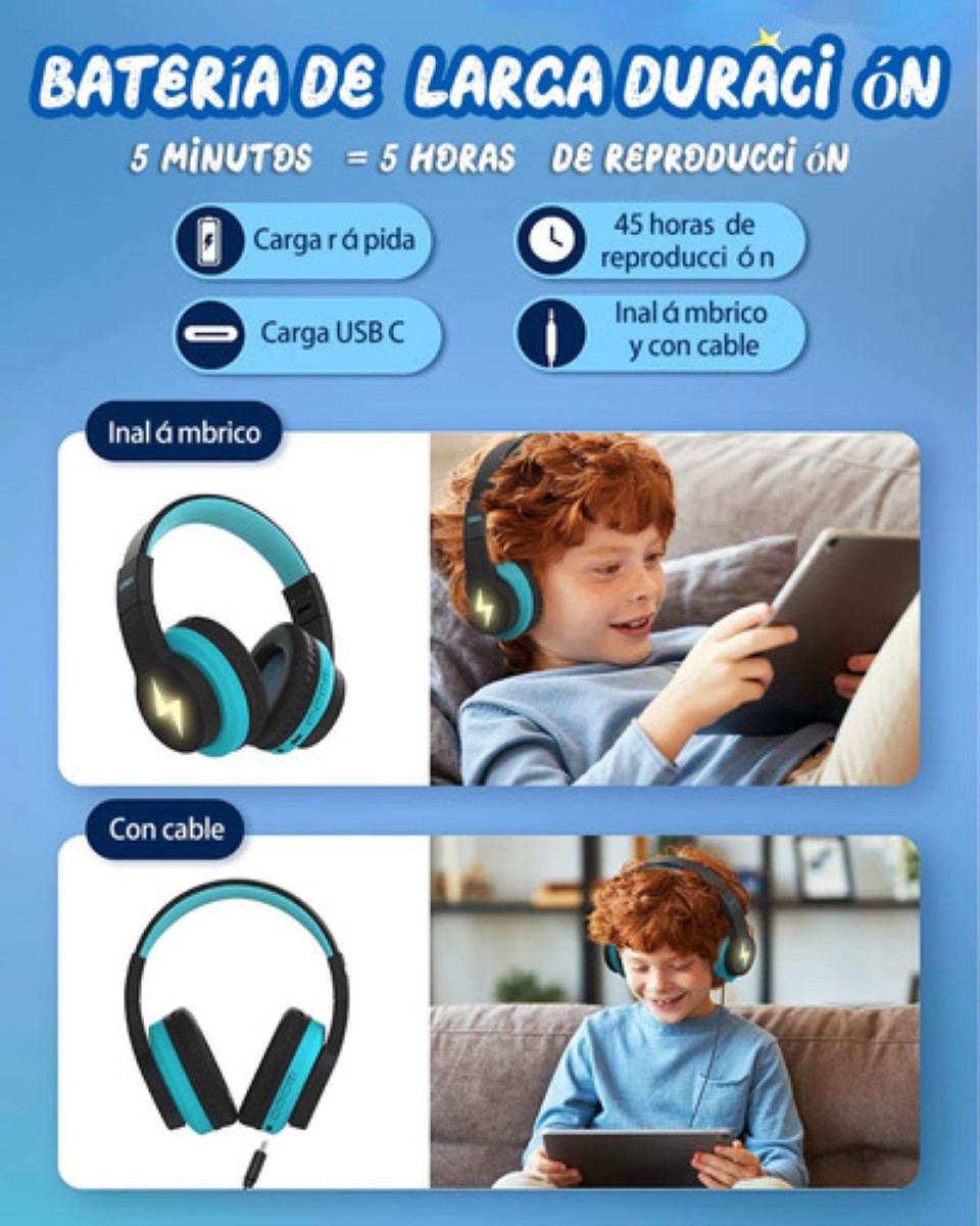 Auriculares Bluetooth Diadema Inalámbricos 45h Para Niños Negro Azul