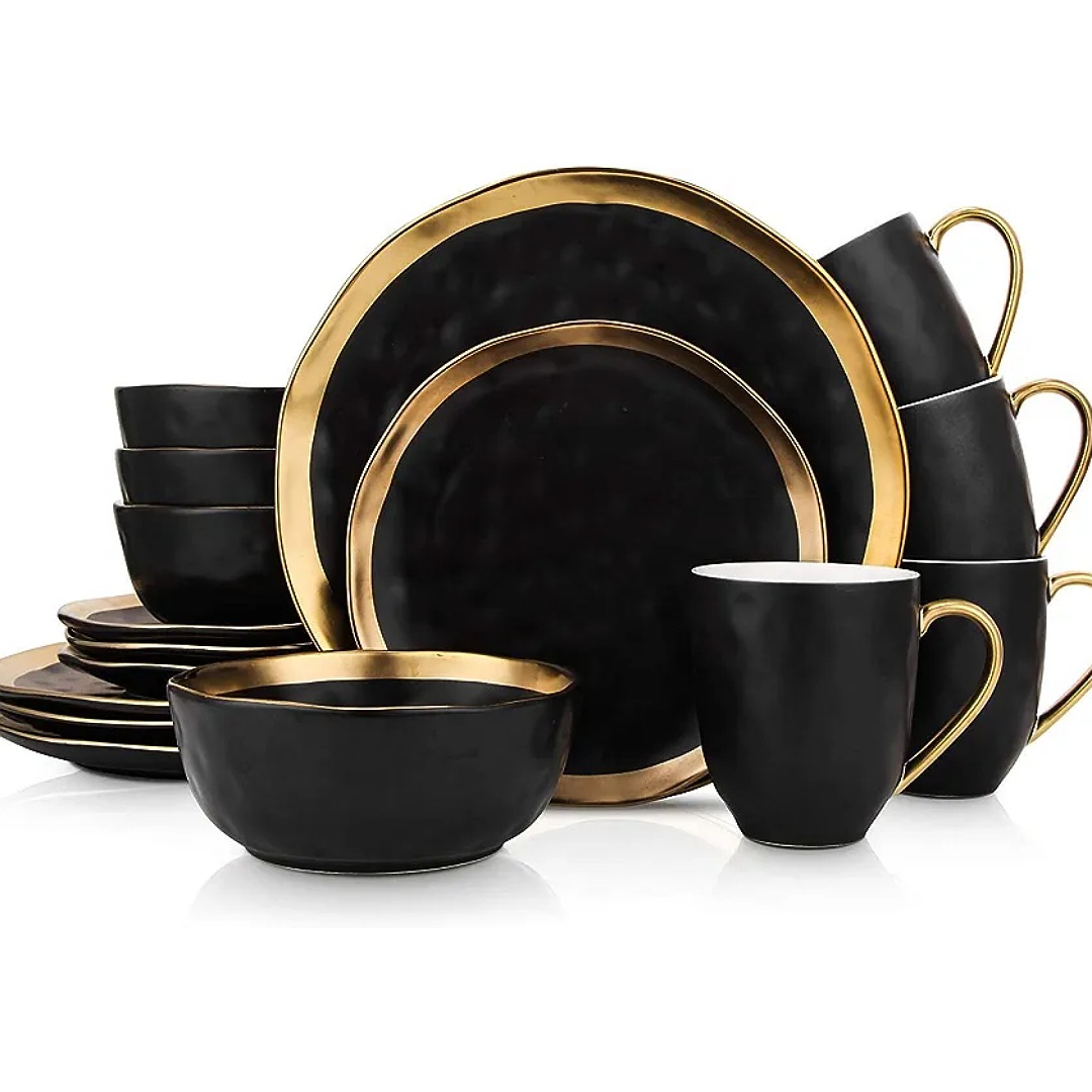 Stone Lain - Vajilla de porcelana de 16 piezas, servicio para 4, negro con ribete dorado