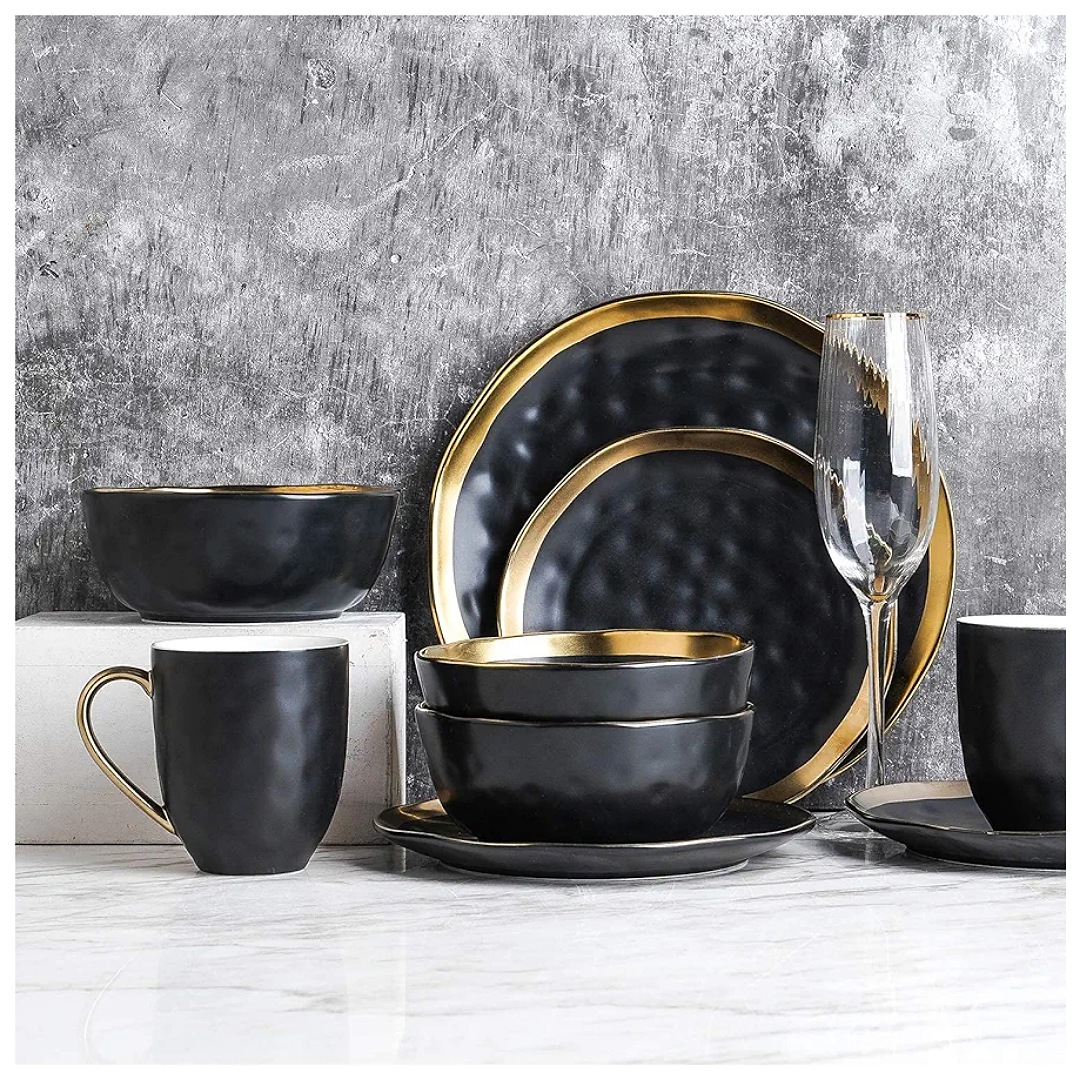 Stone Lain - Vajilla de porcelana de 16 piezas, servicio para 4, negro con ribete dorado