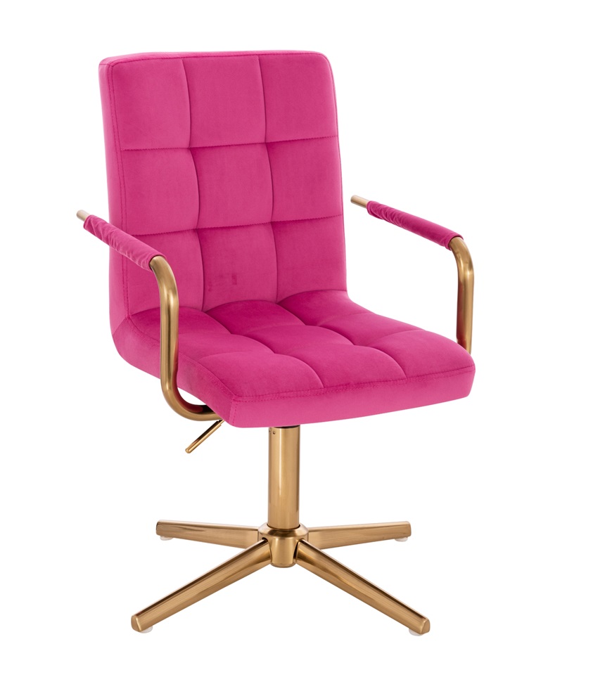 Silla para tocador EL7009F-3 Tela Rosa forrado en Tela acolchonado con brazo en estructura cromo dorado con base cruz y de altura regulable