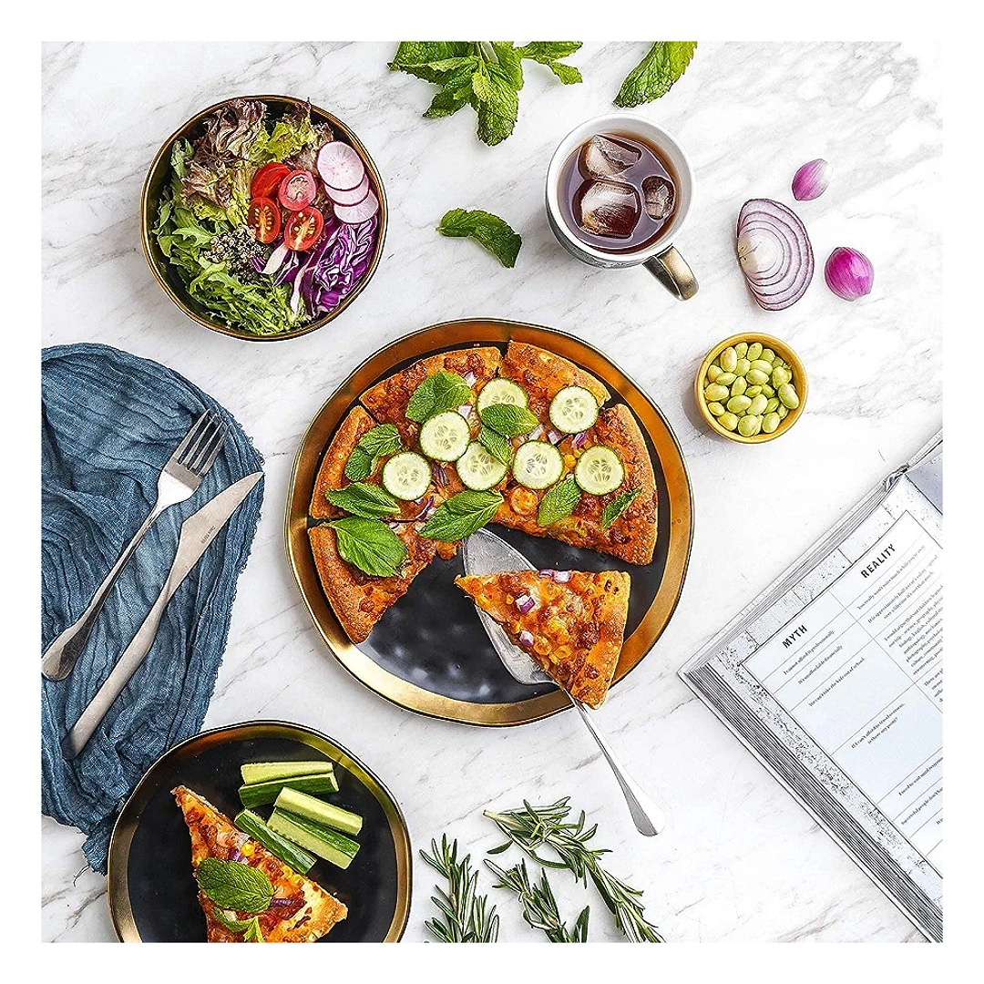 Stone Lain - Vajilla de porcelana de 16 piezas, servicio para 4, negro con ribete dorado