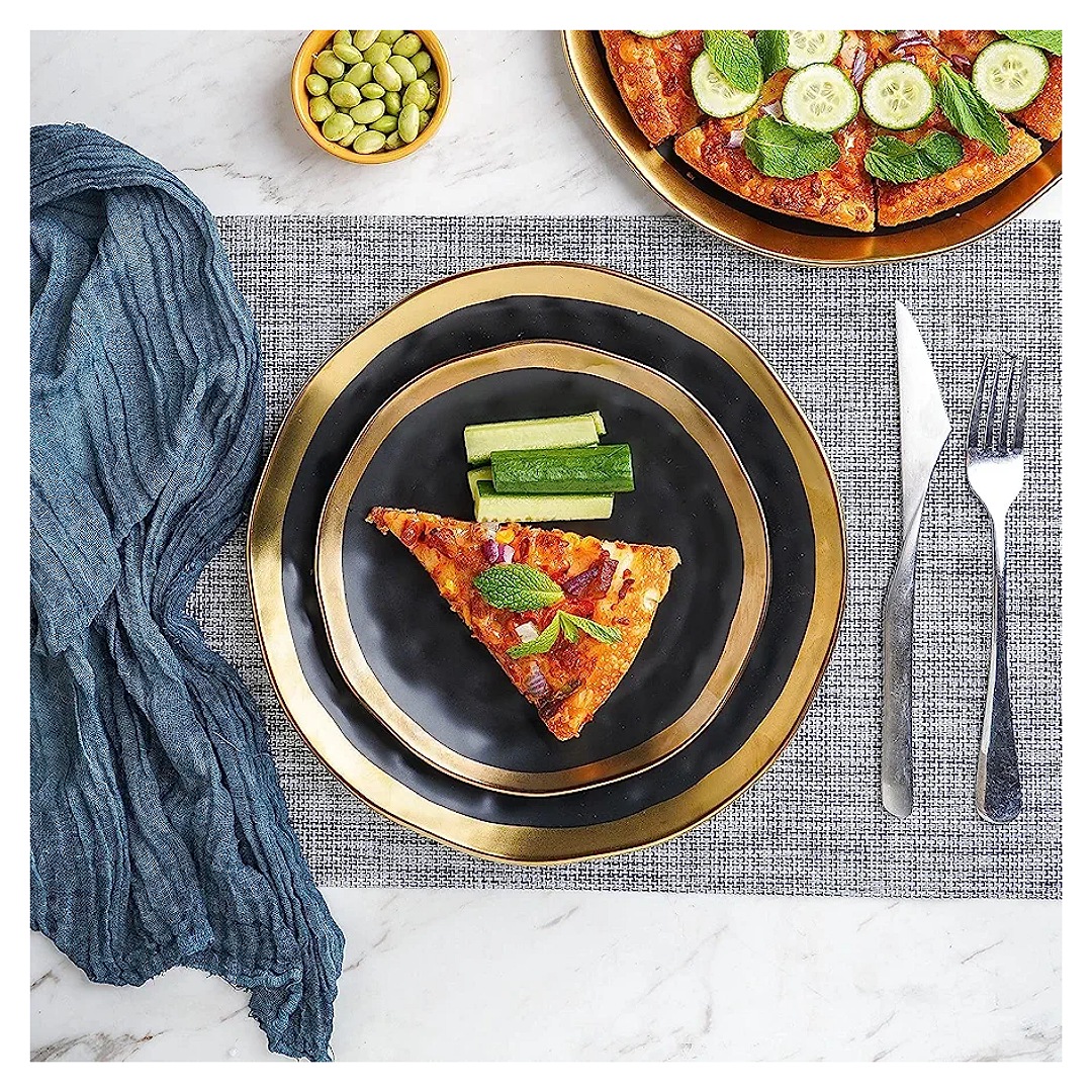 Stone Lain - Vajilla de porcelana de 16 piezas, servicio para 4, negro con ribete dorado