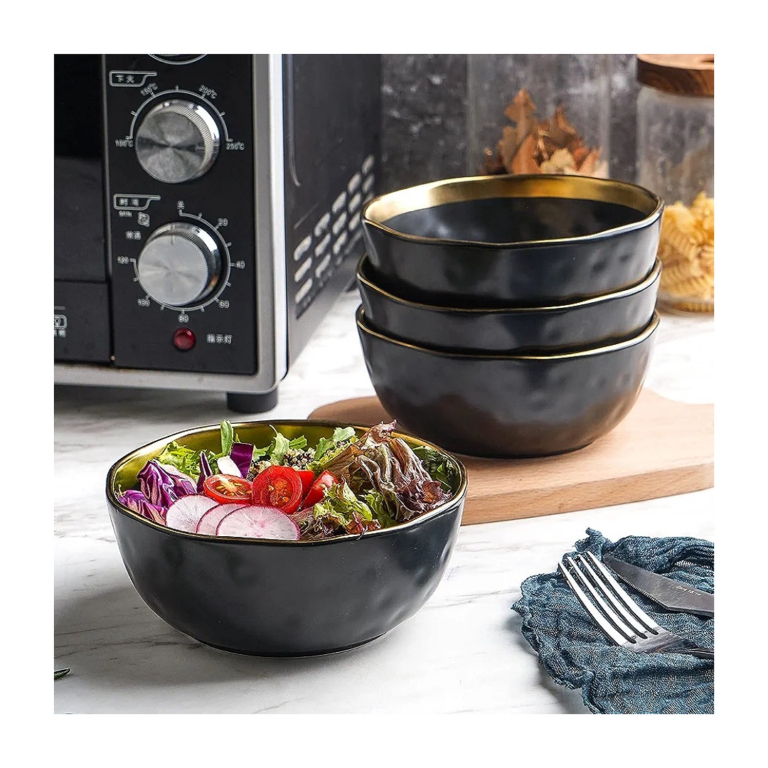 Stone Lain - Vajilla de porcelana de 16 piezas, servicio para 4, negro con ribete dorado