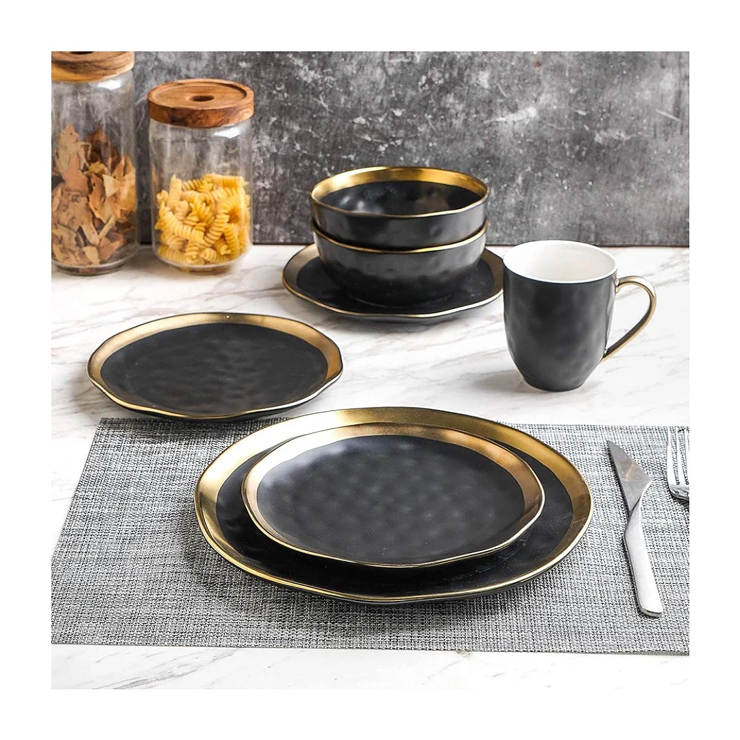 Stone Lain - Vajilla de porcelana de 16 piezas, servicio para 4, negro con ribete dorado