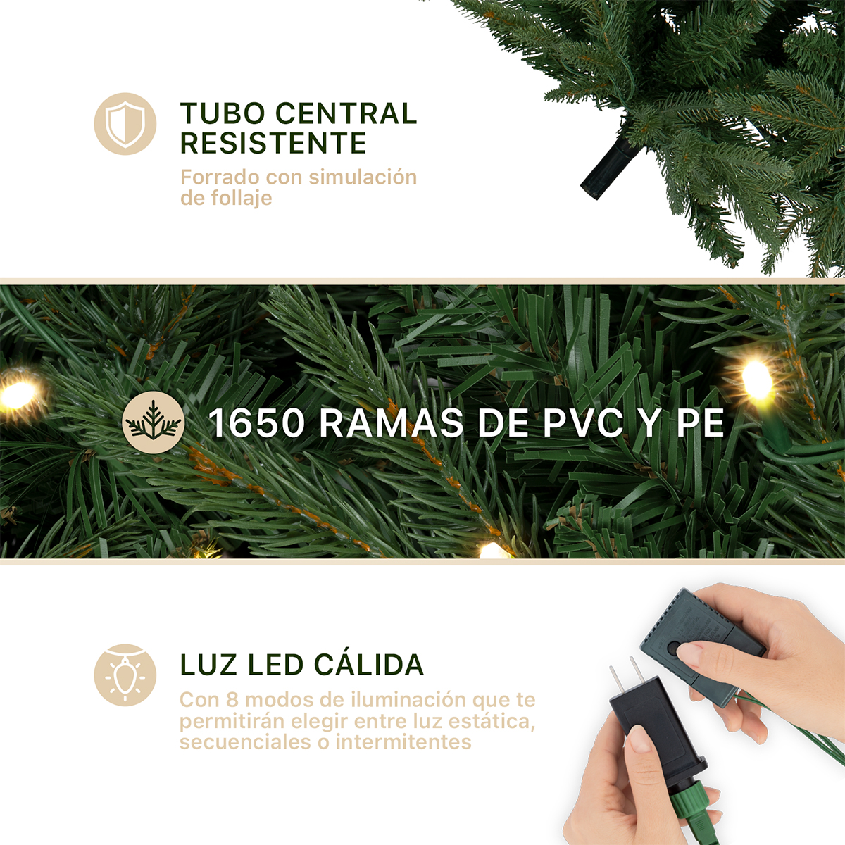 Árbol de Navidad Luces Led Pino 2.5m 1650 Ramas - Verde para ESQUIMAL