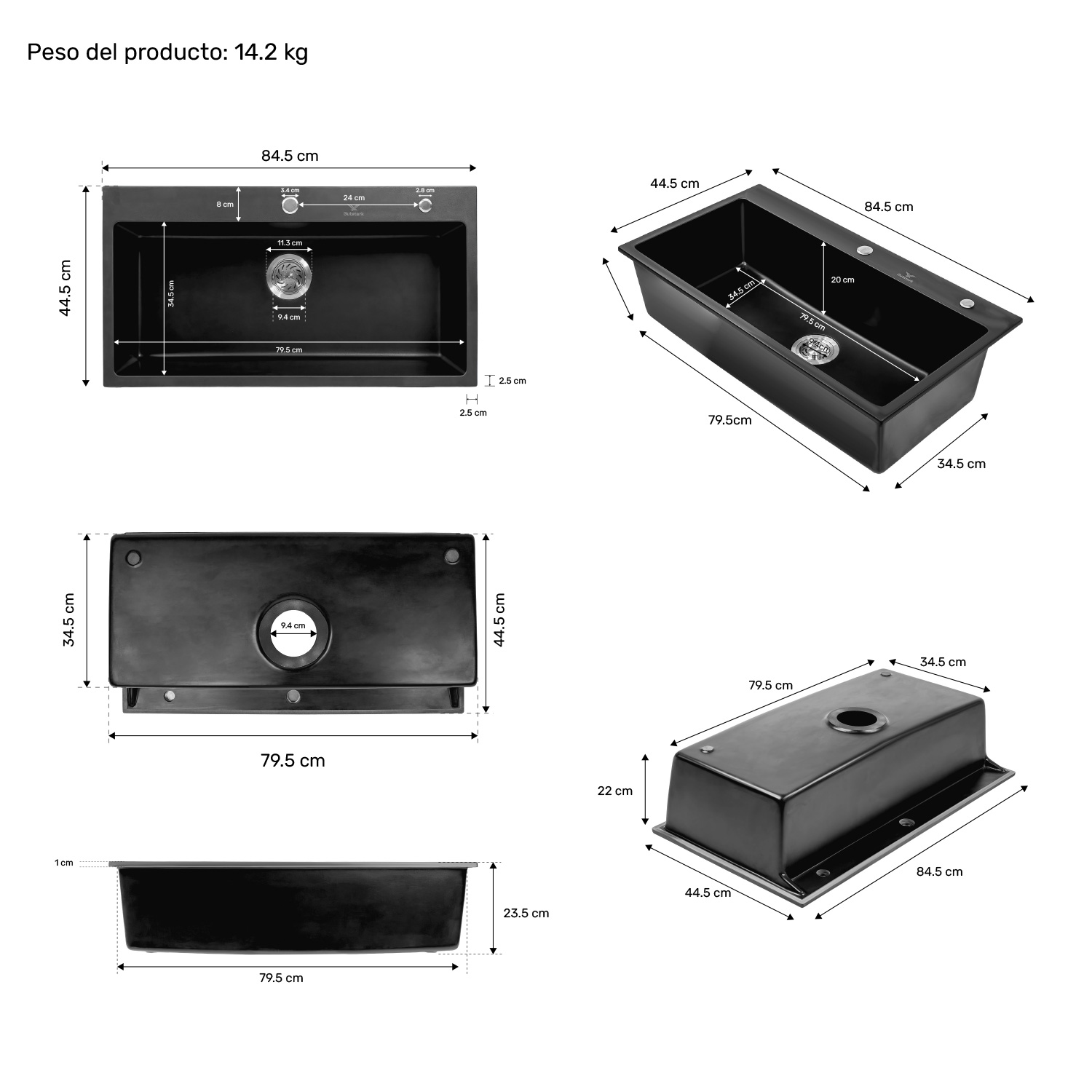 Tarja Fregadero Cuarzo Negro Tina Grande Antiruido Granito